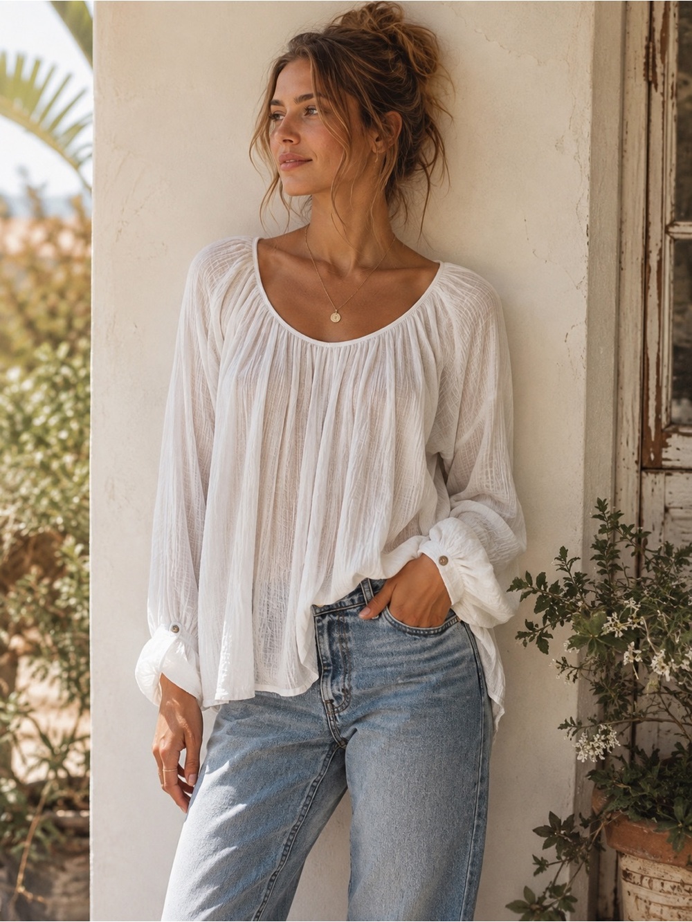 SKIN 100% Cotton Gauze Peasant Blouse White Long Sleeve Boho Top XS Oversized